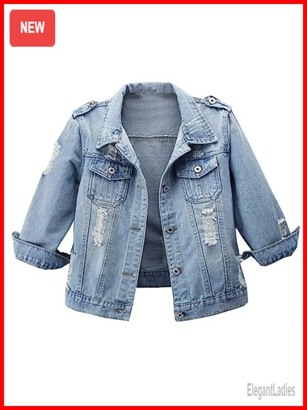 Women Retro Distressed Denim Jacket 3/4 Sleeve Button Front Cotton